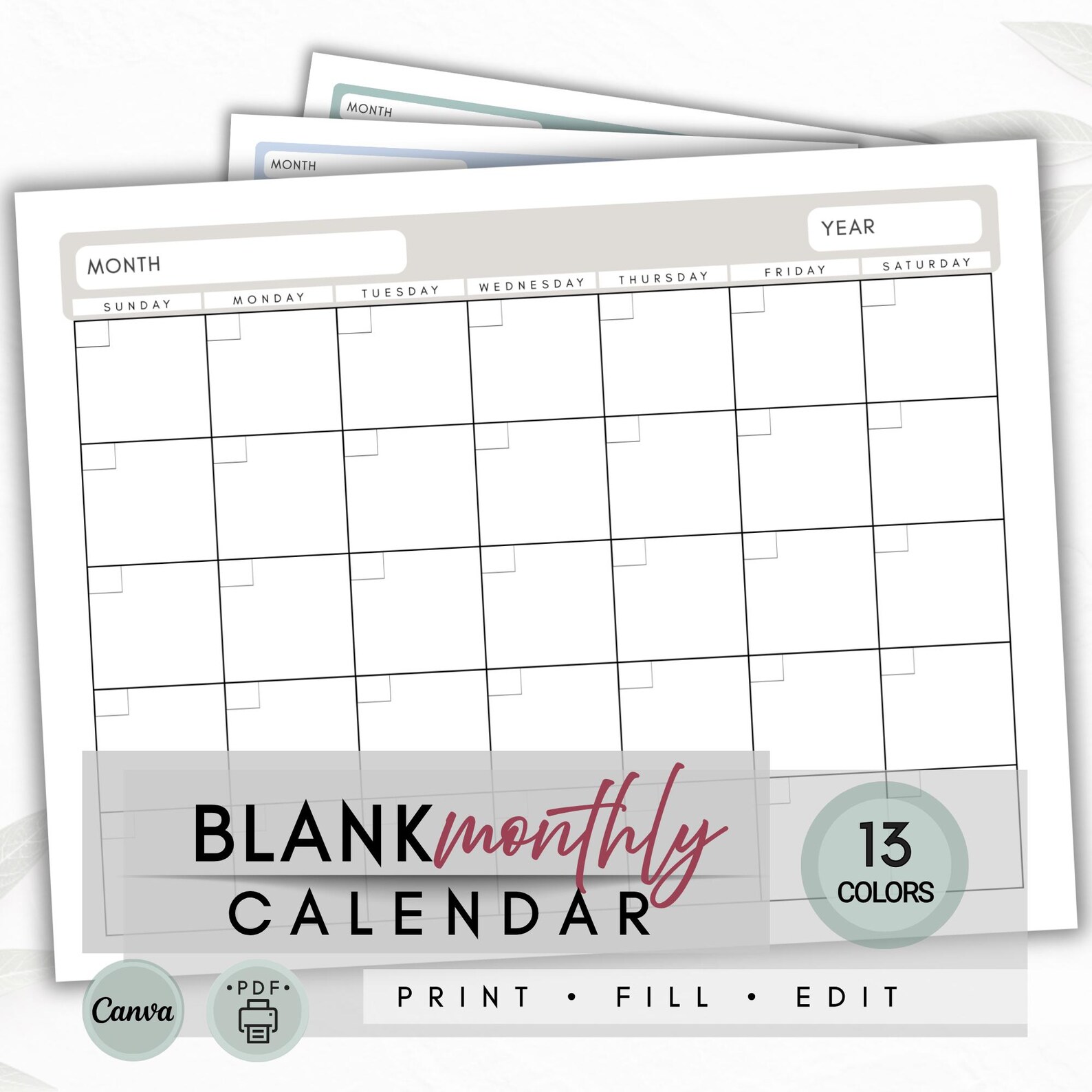 Blank Monthly Calendar Printable • Undated Monthly Planner • 13 Colors ...