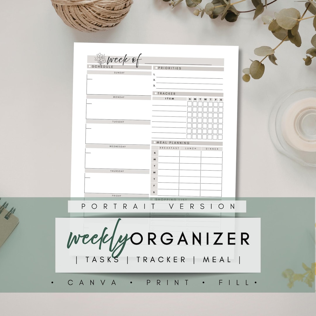 Weekly Organizer | Tasks + Tracker + Meal Plan | Portrait Printable ...
