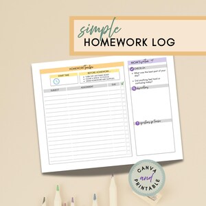 May include: A printable homework log with the text "simple HOMEWORK LOG" at the top. The log includes sections for start time, subject, assignment, and due date, along with a "Mom's Section" for check-in and questions for the teacher. The design is in shades of white, yellow, and purple.