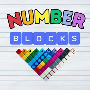 Peut inclure: Blocs de chiffres colorés disposés en triangle, avec les chiffres de 1 à 10 visibles. Le mot "NUMBER" est écrit en grandes lettres multicolores au-dessus des blocs, et le mot "BLOCKS" en dessous.
