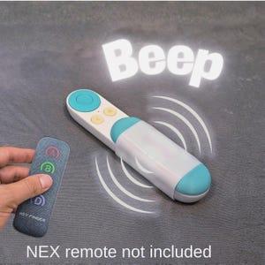 May include: A white and teal key finder device with a rounded shape and two small yellow buttons. Beside it is a gray remote control with four buttons labeled A, B, C, and D, and the text KEY FINDER. The image includes the text Beep and NEX remote not included.