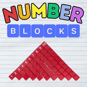 May include: A colorful educational image featuring the words "NUMBER BLOCKS" in a playful font. Below, a pyramid is constructed from red number blocks, each labeled with a number from 1 to 10. The background is a lined paper texture.