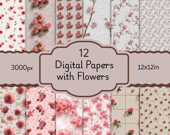 Floral Digital Paper: Watercolor Rose Scrapbooking Backgrounds (12 JPG Files, 12x12in)
