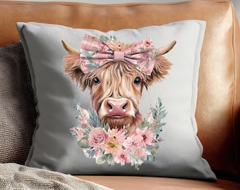 Girl Highland Cow PNG: Pink Bow & Flowers, Sublimation Design (Digital Download)