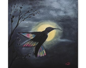 Kolibri Mond Leinwand Kunst, Wand Kunst für Haus, Geschenk für Sie, Vogel Liebhaber Kunstwerk, Wohnzimmer Dekor