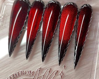 Red Glitter Cat Eye Press On Nails | Stiletto Chrome Accent