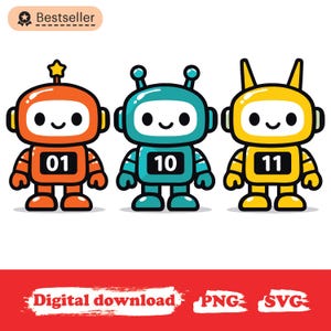 Może przedstawiać: Trzy kolorowe roboty z kreskówek w kolorze pomarańczowym, turkusowym i żółtym. Każdy robot ma białą twarz, czarne oczy i numer na piersi: 01, 10 i 11. Roboty są oznaczone jako "Bestseller" i są dostępne do pobrania cyfrowego.