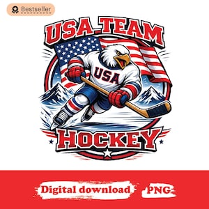 May include: A digital download graphic featuring an eagle playing hockey, with the text "USA TEAM HOCKEY." The eagle is wearing a hockey uniform and the American flag is in the background. The image is in red, white, and blue.