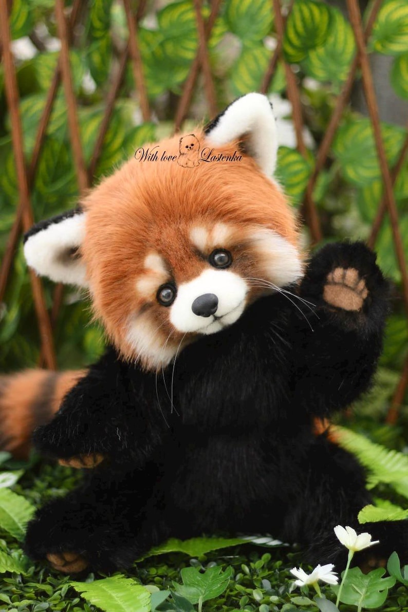 Puede incluir: Un peluche de panda rojo con cabeza marr&oacute;n y blanca, cuerpo negro y una pata saludando. El juguete tiene una expresi&oacute;n amigable y el texto "With love Lazenka" es visible.