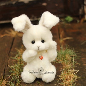 Bunny Flower Easter Bunny artist teddy bunny plush  stuffed toy.  White rabbit cute white bunny (made to order)