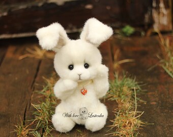 Bunny Flower Easter Bunny artist teddy bunny plush  stuffed toy.  White rabbit cute white bunny (made to order)