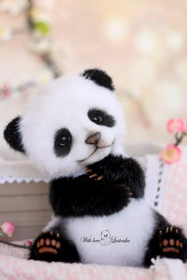 May include: A plush panda bear with black and white fur, black eyes, and a brown nose. The panda is sitting and has a friendly expression. The paws are brown. The text "With love Lastenka" is printed on the panda's body.