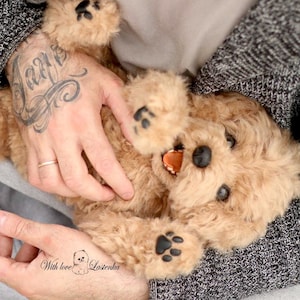 Könnte beinhalten: Eine Person hält ein hellbraunes Plüschtier in Form eines Hundes mit schwarzen Pfotenabdrücken. Der Hund hat einen fröhlichen Ausdruck und seinen Mund offen. Die Person hat ein Tattoo auf ihrem Arm, das "With love, Lostenka" sagt.