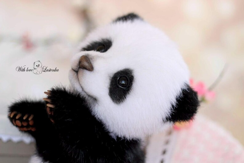 May include: A handmade panda bear plush toy with black and white fur, black eyes, and a brown nose. The panda is looking up, with its paws extended. The text "With love, Lazienka" is visible.