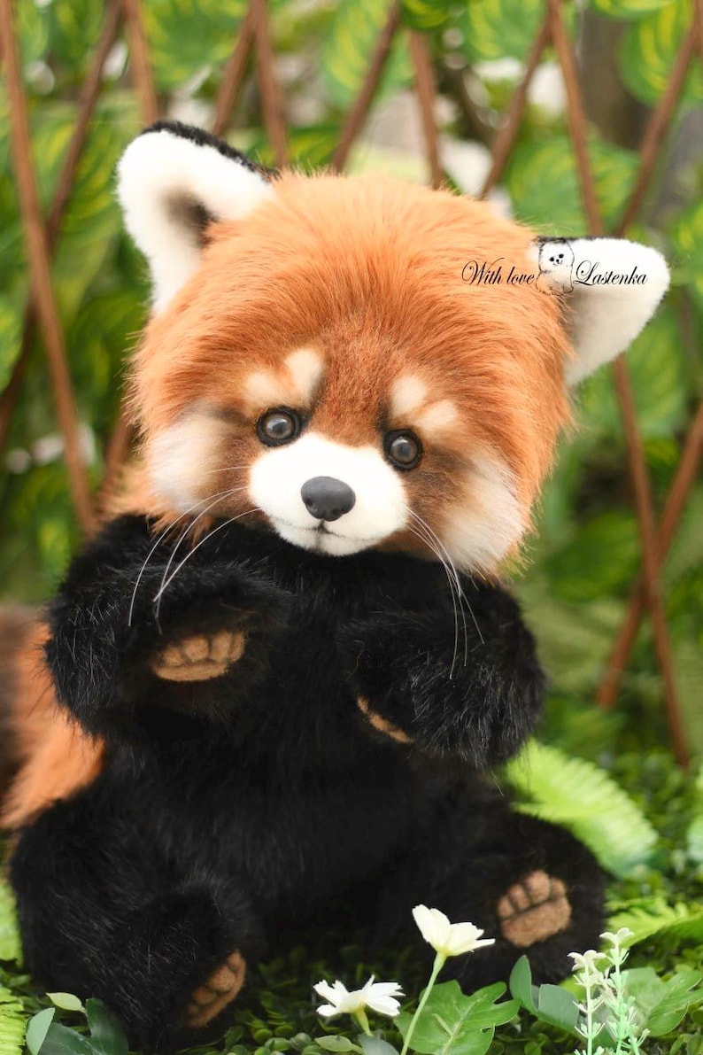 Puede incluir: Un peluche de panda rojo con una cabeza naranja y blanca esponjosa, patas negras y un cuerpo negro. El animal de peluche tiene una expresi&oacute;n dulce y est&aacute; sentado entre la vegetaci&oacute;n. El texto "With love Lostenka" est&aacute; en la oreja.