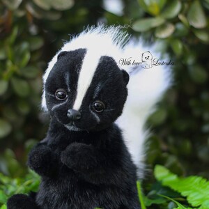 May include: A black and white stuffed skunk with a white stripe down its back. The skunk is sitting on a bed of green leaves. The text "With love, Lastenka" is visible in the background.