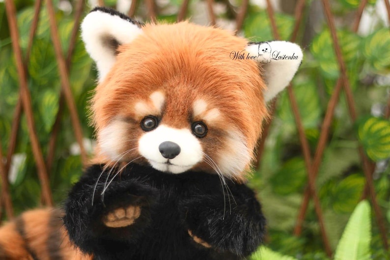Puede incluir: Un peluche de panda rojo con un pelaje marr&oacute;n rojizo y esponjoso, patas negras y una nariz negra. El peluche tiene ojos grandes y expresivos y detalles blancos en las orejas y la cara. El texto "With love! Lastenka" es visible.
