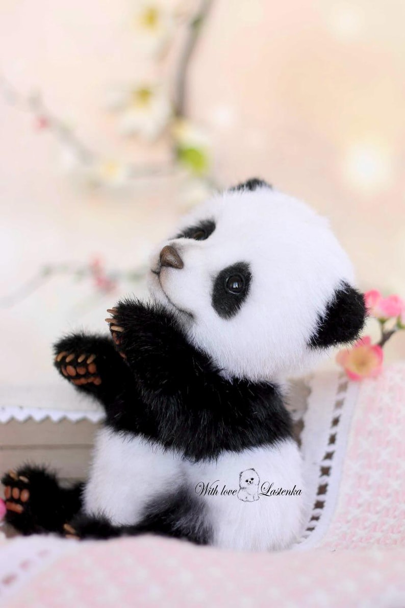 May include: A plush panda bear with black and white fur, brown paws, and a brown nose. The panda is looking upwards with its arms raised. The image has a soft, blurred background with pink flowers and the text "With love" and the name "Lastenka".