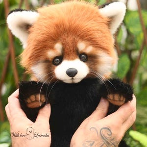 Puede incluir: Un peluche de panda rojo con una cabeza marr&oacute;n rojiza y esponjosa, orejas blancas y un hocico negro. El animal de peluche tiene un cuerpo negro y est&aacute; sostenido por dos manos. El texto "With love Lasenka" es visible.