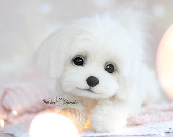 リアルなマルチーズの子犬のぬいぐるみ：ソフトスカルプチャー、ペット