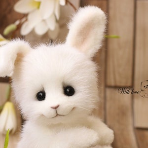Artist Teddy Bunny Plush: White Faux Fur Rabbit Stuffed Toy