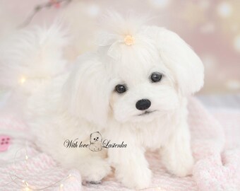 リアルなマルチーズの子犬のぬいぐるみ：ソフトスカルプチャーペット