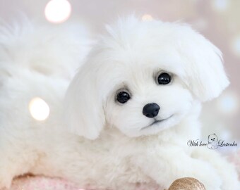 リアルなマルチーズの子犬のぬいぐるみ：ソフトスカルプチャー、ペット