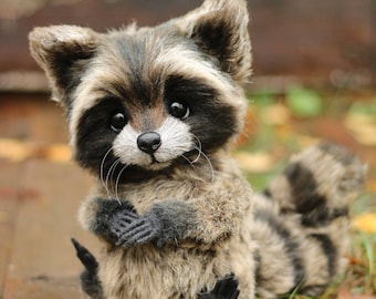Oso de peluche mapache OOAK, muñeco de peluche realista hecho a mano
