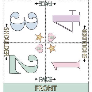 May include: A diagram with the word "FRONT" at the bottom. The diagram is divided into four quadrants, each containing a number in a different color. The numbers are 1, 2, 3, and 4. There are also star and heart shapes with text.