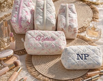 Personalized Embroidered Makeup Bag, Quilted Travel Cosmetic Organizer, Bridesmaid Gift
