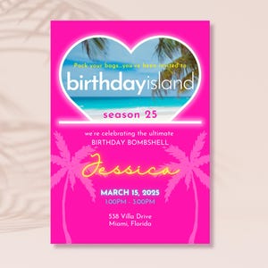 Birthday Island Invitation Template – Editable Canva Invite | Tropical Neon Birthday Invite | Editable Digital Download