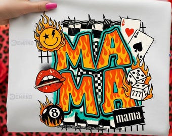 Western Mama Png Design, Mama Sublimation Designs, Retro Western Sticker, Flaming 8 Ball Cherry Dice, Country Aesthetic Png, Trendy Western