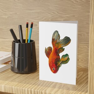 Cartes de voeux poisson rouge - 1 ou 10 pcs, cartes d'anniversaire fantaisistes, notes de remerciement, art vintage poisson, faire-part, jeu de cartes de voeux