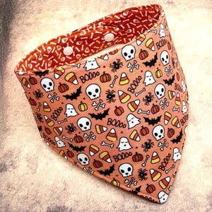 Halloween Dog Bandana: Reversible Ghost, Skulls, and Candy Corn - Size Medium to Extra Large
