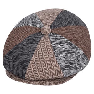 May include: A multi-coloured newsboy cap with a herringbone pattern. The cap features panels in shades of brown, grey, and beige, radiating from a central button. The brim is a solid brown. This classic hat is suitable for various occasions.