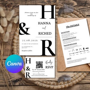 Modern Minimalist Wedding Invitation Set | Editable Canva Template | Black and White Elegant Invite | Printable Wedding Suite