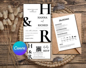Modern Minimalist Wedding Invitation Set | Editable Canva Template | Black and White Elegant Invite | Printable Wedding Suite