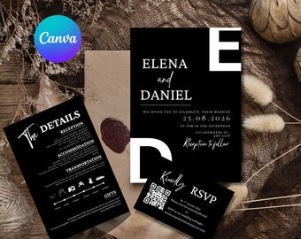 Modern black wedding invitation template editable in Canva – includes RSVP & details card. Simple minimalist, elegant, or digital weddings.
