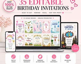 35 Animated Birthday Invitations Bundle PLR MRR Canva Templates, Editable Invitation Resell Rights Digital Bundle, DFY Digital Starter Pack