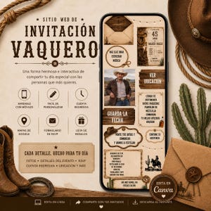 Puede incluir: Una plantilla de invitación digital con temática vaquera en la pantalla de un teléfono, con texturas de madera rústica, un espacio para foto de una persona con sombrero, detalles del evento, botones de RSVP e iconos de planificación.