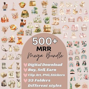 以下が含まれることがあります： さまざまなスタイルで500以上のクリップアート画像を含む、デジタルダウンロードグラフィックバンドル。画像には、季節のアイテム、動物、装飾要素の水彩イラストが含まれています。画像上のテキストは「500+ MRR Mega Bundle」と表示されています。