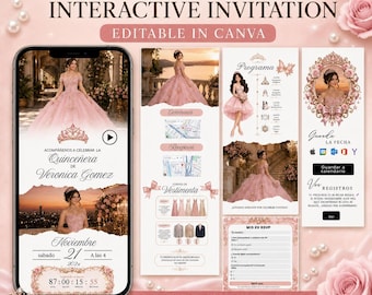 May include: A digital pink Quinceañera interactive invitation template editable in Canva. The design features a smartphone displaying event details, a countdown timer, maps, and RSVP forms, decorated with floral accents, crowns, and pearls.