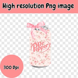 May include: A floral-patterned Dr. Pepper can with a pink bow and straw. The can features a light pink background with pink roses. The Dr. Pepper logo is in pink. The image is labeled "High resolution Png image" and "300 Dpi".