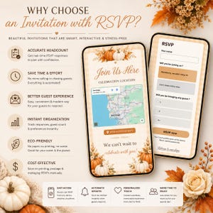 May include: Two smartphones display a digital invitation with an autumn theme featuring pumpkins and fall leaves. The screens show event details, a map, and an RSVP form with fields for names, attendance status, and guest count, plus text.