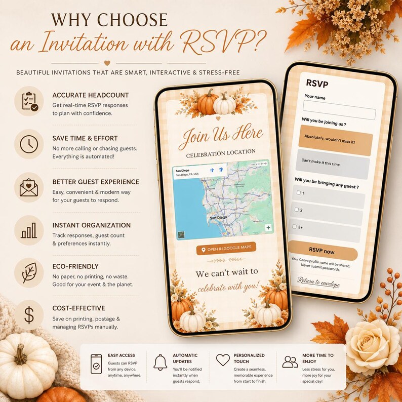 May include: Two smartphones display a digital invitation with an autumn theme featuring pumpkins and fall leaves. The screens show event details, a map, and an RSVP form with fields for names, attendance status, and guest count, plus text.