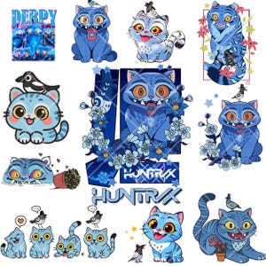 May include: A collection of blue cat illustrations with various designs. Some cats have birds on their heads, and some are surrounded by flowers. The word "DERPY" is visible in the top left corner, and "HUNTRIX" is in the center.