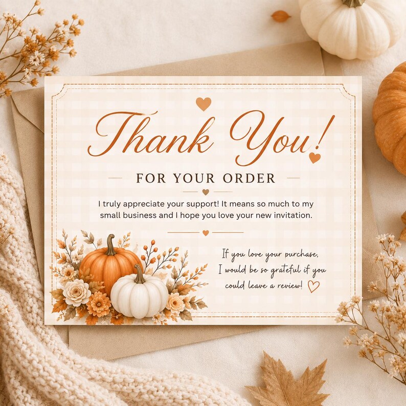 May include: A rectangular thank you card with a light beige plaid background. The text reads Thank You! FOR YOUR ORDER, followed by a message of appreciation and a request for a review. The card features illustrations of orange and white pumpkins.