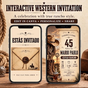 Plantilla web de invitación de cumpleaños estilo western español, invitación editable en Canva para fiesta estilo rancho con confirmación de asistencia, música y cuenta regresiva.
