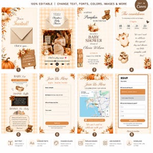 May include: A digital baby shower invitation template set featuring eight distinct layouts with a fall theme. The designs include pumpkins, autumn leaves, a teddy bear, baby clothes, and text fields for event details, registry, RSVP, and location maps.
