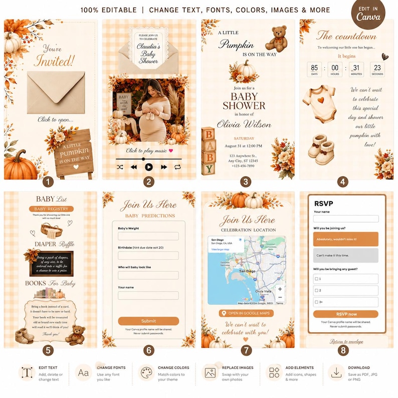 May include: A digital baby shower invitation template set featuring eight distinct layouts with a fall theme. The designs include pumpkins, autumn leaves, a teddy bear, baby clothes, and text fields for event details, registry, RSVP, and location maps.